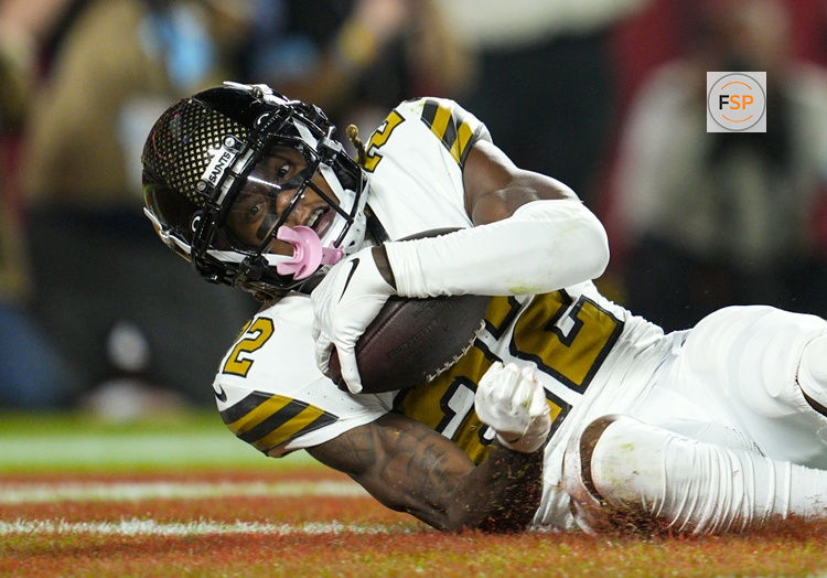 Oct 7, 2024; Kansas City, Missouri, USA; New Orleans Saints wide receiver Rashid Shaheed (22) catches a touchdown pass during the first half against the Kansas City Chiefs at GEHA Field at Arrowhead Stadium. Credit: Jay Biggerstaff-Imagn Images