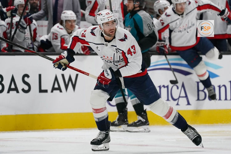 Dec 3, 2025; San Jose, California, USA; Washington Capitals right winger Tom Wilson (43) skates toward the puck during a game against the San Jose Sharks in the third period at SAP Center at San Jose. Credit: David Gonzales-Imagn Images