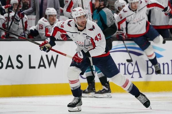 Dec 3, 2025; San Jose, California, USA; Washington Capitals right winger Tom Wilson (43) skates toward the puck during a game against the San Jose Sharks in the third period at SAP Center at San Jose. Mandatory Credit: David Gonzales-Imagn Images