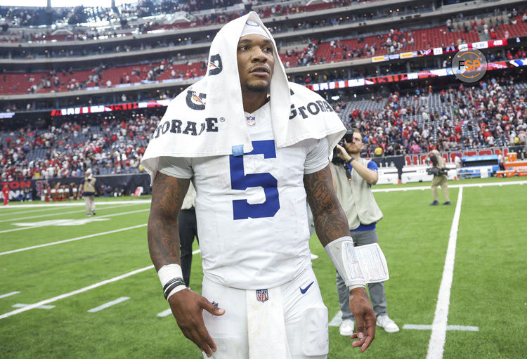 Oct 27, 2024; Houston, Texas, USA; Indianapolis Colts quarterback Anthony Richardson (5) stands on the field after the game against the Houston Texans at NRG Stadium. Credit: Troy Taormina-Imagn Images