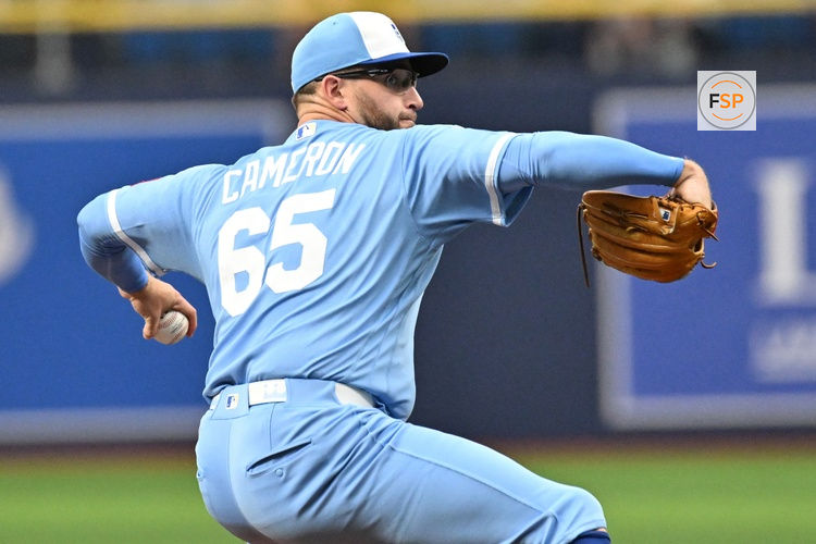 Jun 24, 2026; St. Petersburg, Florida, USA; Kansas City Royals starting pitcher Noah Cameron (65) throws a pitch in the first inning against the Tampa Bay Rays  at Tropicana Field. Credit: Jonathan Dyer-Imagn Images