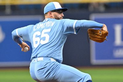 Jun 24, 2026; St. Petersburg, Florida, USA; Kansas City Royals starting pitcher Noah Cameron (65) throws a pitch in the first inning against the Tampa Bay Rays  at Tropicana Field. Mandatory Credit: Jonathan Dyer-Imagn Images