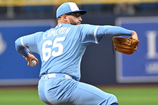 Jun 24, 2026; St. Petersburg, Florida, USA; Kansas City Royals starting pitcher Noah Cameron (65) throws a pitch in the first inning against the Tampa Bay Rays  at Tropicana Field. Mandatory Credit: Jonathan Dyer-Imagn Images