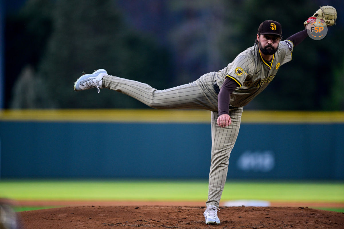 DENVER, CO - APRIL 24: San Diego Padres pitcher Matt Waldron (61) pitches in the first inning during a game between the San Diego Padres and the Colorado Rockies at Coors Field on April 24, 2024 in Denver, Colorado. (Photo by Dustin Bradford/Icon Sportswire)