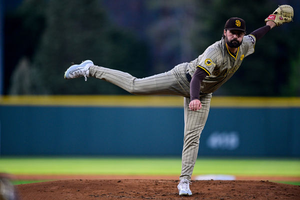 DENVER, CO - APRIL 24: San Diego Padres pitcher Matt Waldron (61) pitches in the first inning during a game between the San Diego Padres and the Colorado Rockies at Coors Field on April 24, 2024 in Denver, Colorado. (Photo by Dustin Bradford/Icon Sportswire)