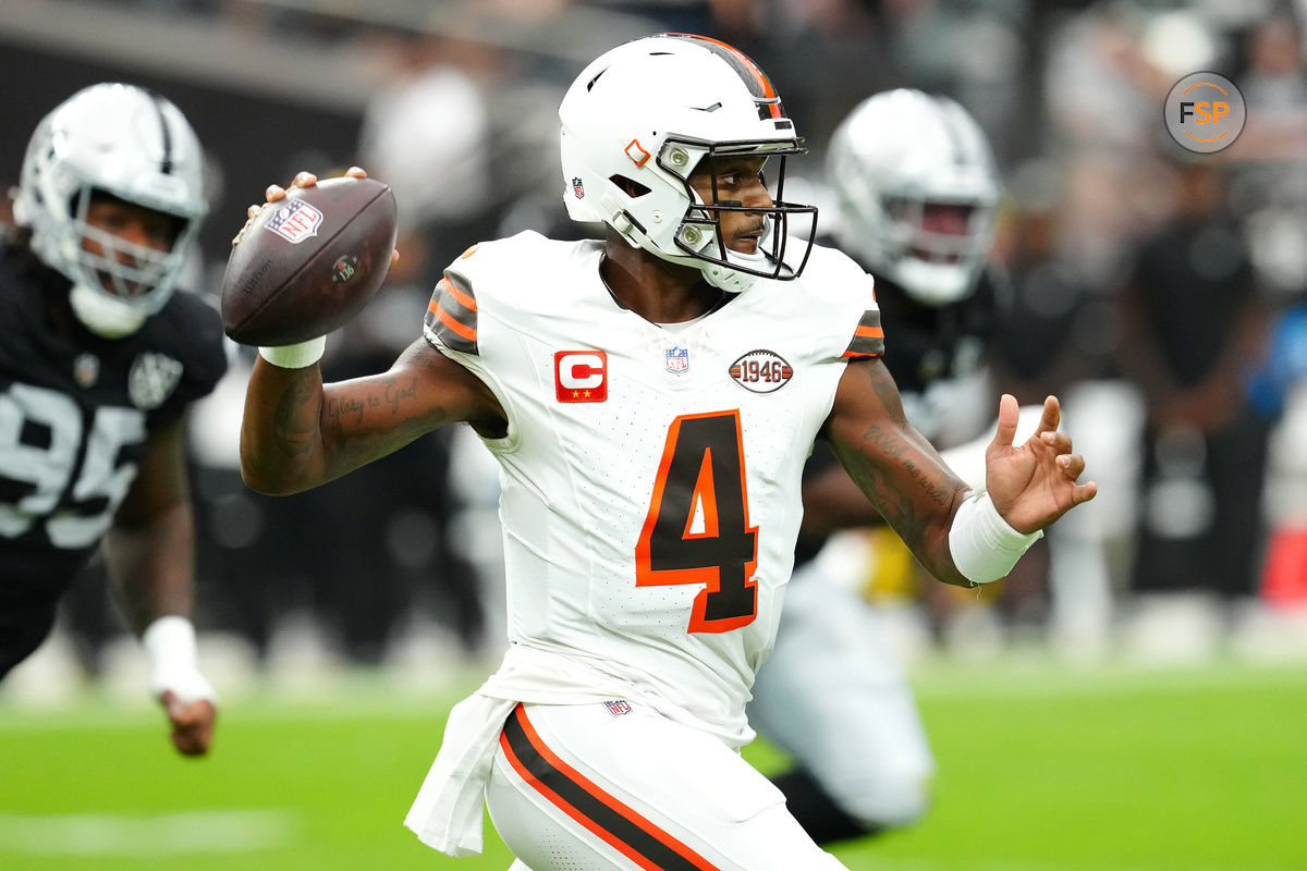 Sep 29, 2024; Paradise, Nevada, USA; Cleveland Browns quarterback Deshaun Watson (4) looks to make a pass against the Las Vegas Raiders during the first quarter at Allegiant Stadium. Credit: Stephen R. Sylvanie-Imagn Images