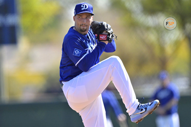 Feb 18, 2025; Glendale, AZ, USA;  Los Angeles Dodgers starting pitcher Blake Snell (7) throws live batting practice during spring training workouts at Camelback Ranch. Credit: Jayne Kamin-Oncea-Imagn Images