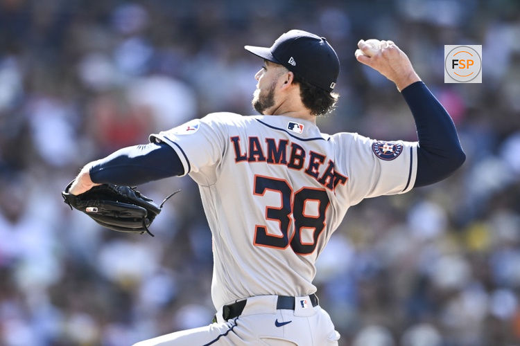 Aug 8, 2026; San Diego, California, USA; Houston Astros pitcher Peter Lambert (38) delivers during the second inning against the San Diego Padres at Petco Park. Credit: Denis Poroy-Imagn Images