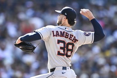 Aug 8, 2026; San Diego, California, USA; Houston Astros pitcher Peter Lambert (38) delivers during the second inning against the San Diego Padres at Petco Park. Mandatory Credit: Denis Poroy-Imagn Images