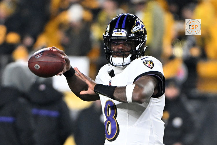Jan 4, 2026; Pittsburgh, Pennsylvania, USA; Baltimore Ravens quarterback Lamar Jackson (8) practices before the game at Acrisure Stadium. Credit: Barry Reeger-Imagn Images