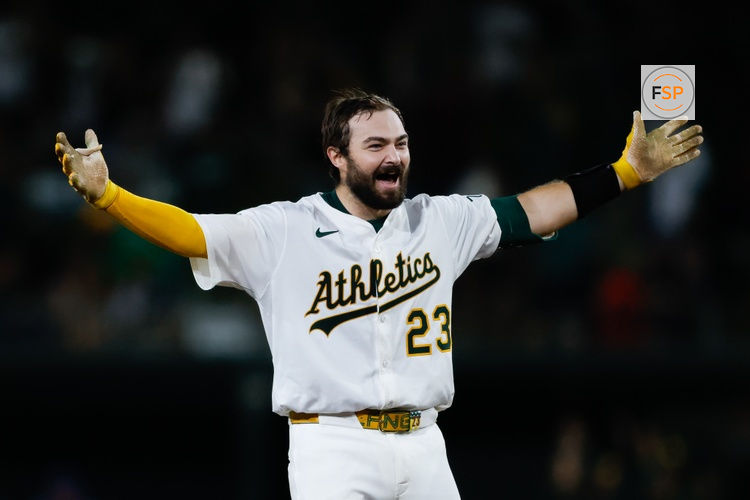 Sep 26, 2025; West Sacramento, California, USA; Athletics catcher Shea Langeliers (23) celebrates after hitting a walk-off RBI double during the ninth inning against the Kansas City Royals at Sutter Health Park. Credit: Sergio Estrada-Imagn Images