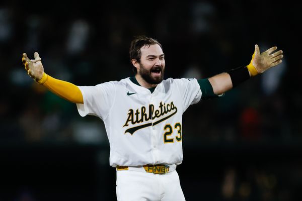 Sep 26, 2025; West Sacramento, California, USA; Athletics catcher Shea Langeliers (23) celebrates after hitting a walk-off RBI double during the ninth inning against the Kansas City Royals at Sutter Health Park. Mandatory Credit: Sergio Estrada-Imagn Images