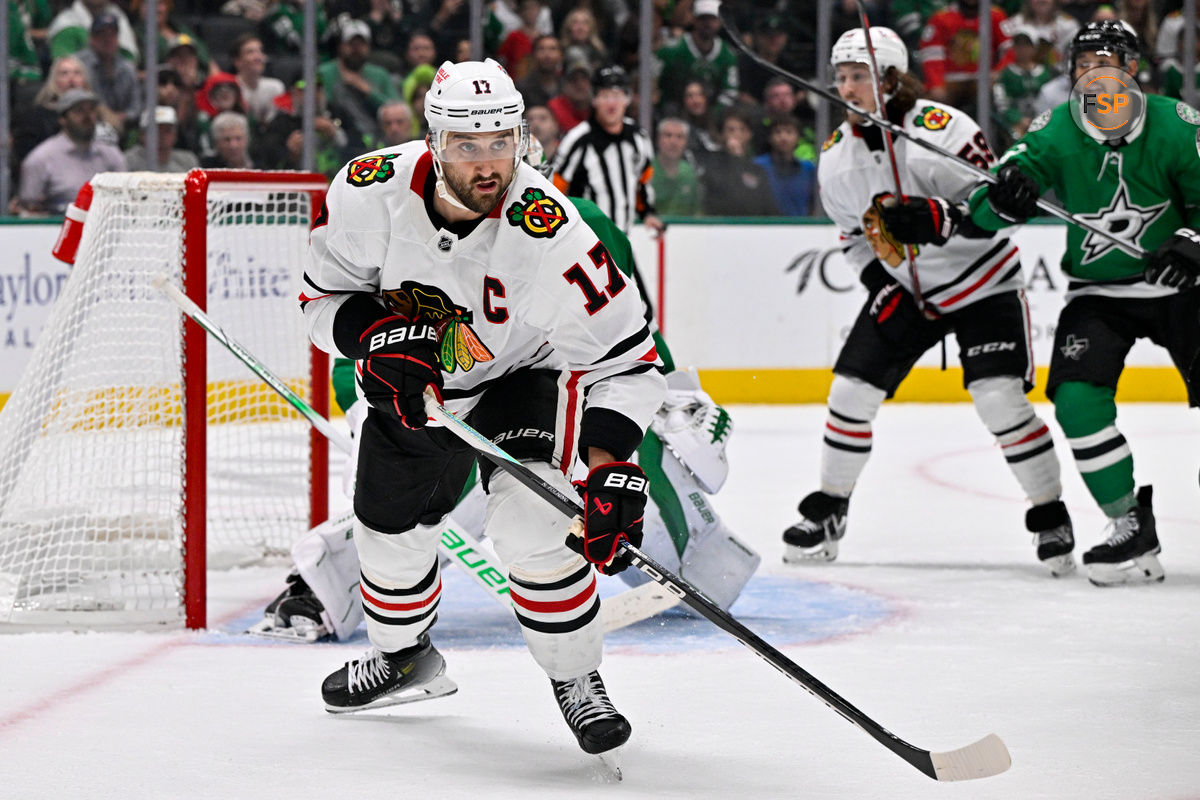 Oct 26, 2024; Dallas, Texas, USA; Chicago Blackhawks left wing Nick Foligno (17) in action during the game between the Dallas Stars and the Chicago Blackhawks at American Airlines Center. Credit: Jerome Miron-Imagn Images