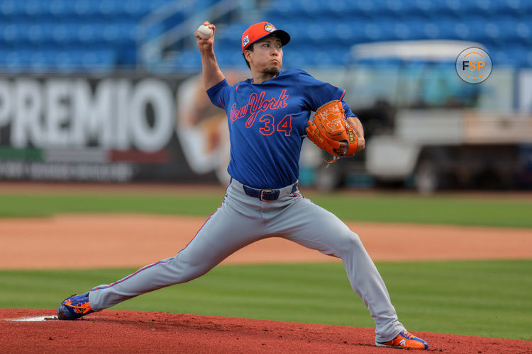 Feb 15, 2025; Port St. Lucie, FL, USA; New York Mets pitcher Kodai Senga (34) pitches during a spring training workout at Clover Park. Credit: Sam Navarro-Imagn Images