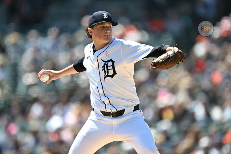 May 11, 2025; Detroit, Michigan, USA; Detroit Tigers starting pitcher Reese Olson (45) throws a pitch against the Texas Rangers in the first inning at Comerica Park. Credit: Lon Horwedel-Imagn Images