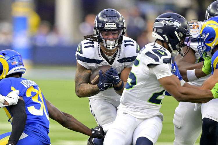 Jan 5, 2025; Inglewood, California, USA;  Seattle Seahawks wide receiver Jaxon Smith-Njigba (11) runs the ball in the first half against the Los Angeles Rams at SoFi Stadium. Credit: Jayne Kamin-Oncea-Imagn Images