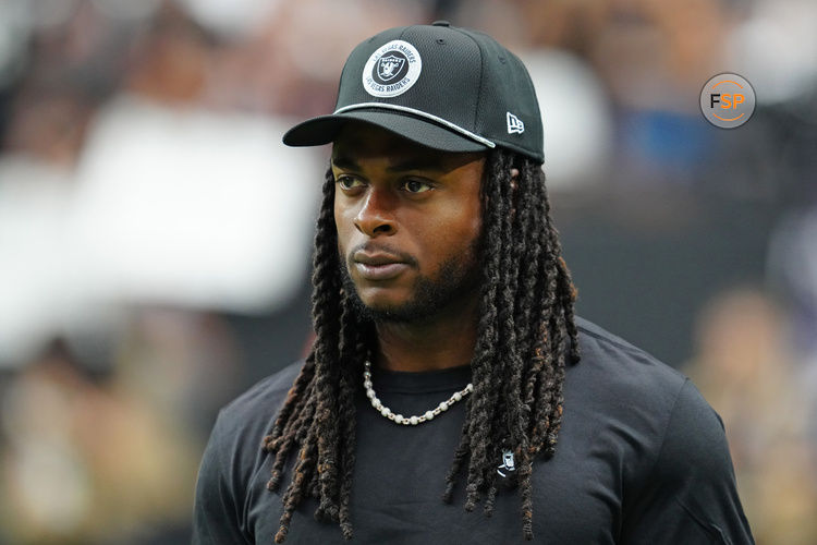 Sep 29, 2024; Paradise, Nevada, USA; Las Vegas Raiders wide receiver Davante Adams (17) walks the sideline before the start of a game between the Raiders and the Cleveland Browns at Allegiant Stadium. Credit: Stephen R. Sylvanie-Imagn Images