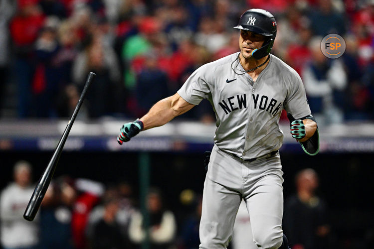 Oct 19, 2024; Cleveland, Ohio, USA; New York Yankees designated hitter Giancarlo Stanton (27) celebrates after hitting a two run home run during the sixth inning against the Cleveland Guardians during game five of the ALCS for the 2024 MLB playoffs at Progressive Field. Credit: David Dermer-Imagn Images