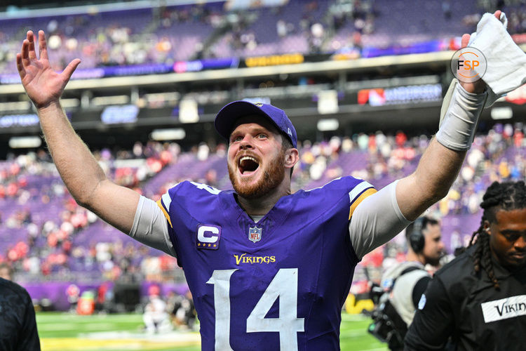 Sep 15, 2024; Minneapolis, Minnesota, USA; Minnesota Vikings quarterback Sam Darnold (14) reacts after the game against the San Francisco 49ers at U.S. Bank Stadium. Credit: Jeffrey Becker-Imagn Images