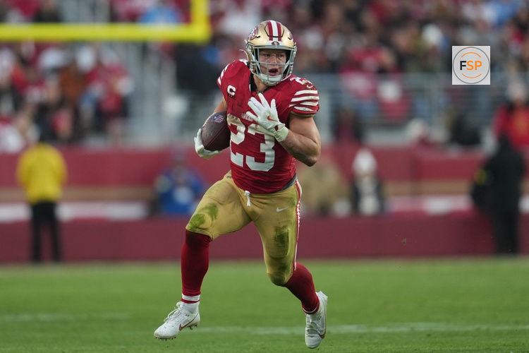 Dec 14, 2025; Santa Clara, California, USA;  San Francisco 49ers running back Christian McCaffrey (23) runs with the ball during the fourth quarter against the Tennessee Titans at Levi's Stadium. Credit: Cary Edmondson-Imagn Images