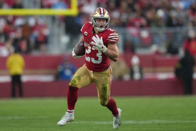 Dec 14, 2025; Santa Clara, California, USA;  San Francisco 49ers running back Christian McCaffrey (23) runs with the ball during the fourth quarter against the Tennessee Titans at Levi's Stadium. Mandatory Credit: Cary Edmondson-Imagn Images