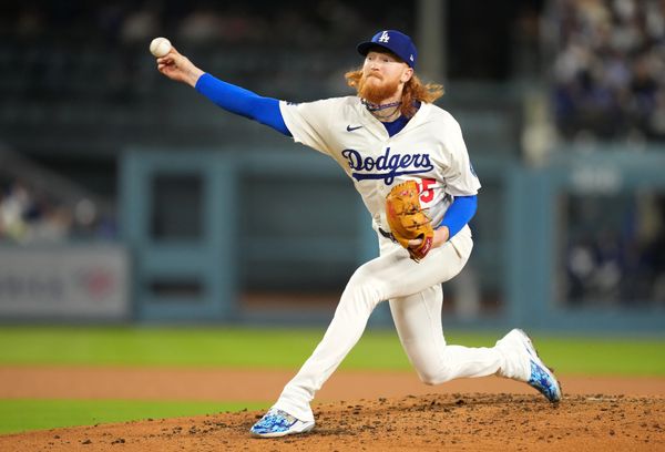 Apr 14, 2025; Los Angeles, California, USA; Los Angeles Dodgers pitcher Dustin May (85) throws during the third inning against the Colorado Rockies at Dodger Stadium. Mandatory Credit: Kirby Lee-Imagn Images