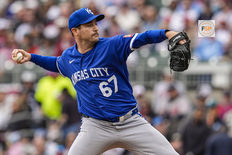 Mar 29, 2026; Cumberland, Georgia, USA; Kansas City Royals pitcher Seth Lugo (67) pitches against the Atlanta Braves during the first inning at Truist Park. Credit: Dale Zanine-Imagn Images