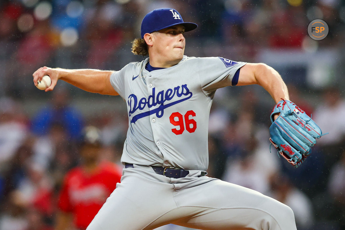 Sep 13, 2024; Atlanta, Georgia, USA; Los Angeles Dodgers starting pitcher Landon Knack (96) throws against the Atlanta Braves in the first inning at Truist Park. Credit: Brett Davis-Imagn Images