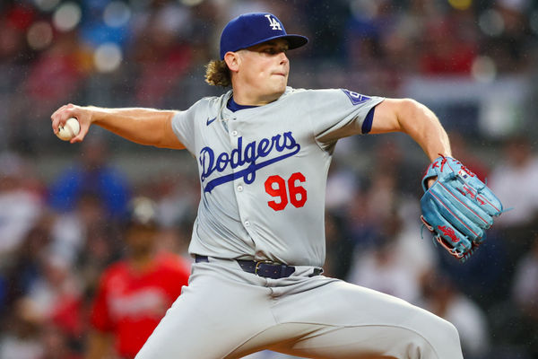 Sep 13, 2024; Atlanta, Georgia, USA; Los Angeles Dodgers starting pitcher Landon Knack (96) throws against the Atlanta Braves in the first inning at Truist Park. Mandatory Credit: Brett Davis-Imagn Images