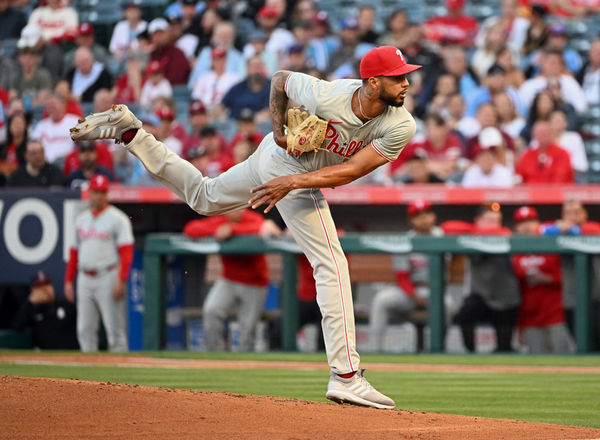 ANAHEIM, CA - APRIL 29: Philadelphia Phillies pitcher Cristopher Sanchez (61) pitching during an MLB baseball game against the Los Angeles Angels played on April 29, 2024 at Angel Stadium in Anaheim, CA. (Photo by John Cordes/Icon Sportswire)