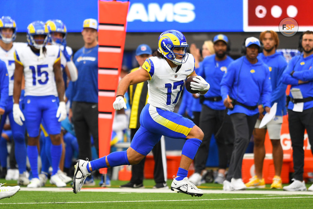 INGLEWOOD, CA - SEPTEMBER 17: Los Angeles Rams wide receiver Puka Nacua (17) runs after a catch during the NFL game between the San Francisco 49ers and the Los Angeles Rams on September 17, 2023, at SoFi Stadium in Inglewood, CA. (Photo by Brian Rothmuller/Icon Sportswire)