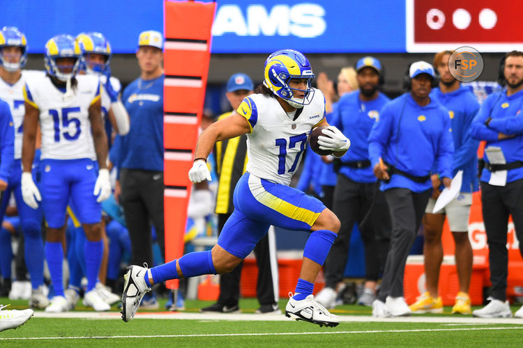 INGLEWOOD, CA - SEPTEMBER 17: Los Angeles Rams wide receiver Puka Nacua (17) runs after a catch during the NFL game between the San Francisco 49ers and the Los Angeles Rams on September 17, 2023, at SoFi Stadium in Inglewood, CA. (Photo by Brian Rothmuller/Icon Sportswire)