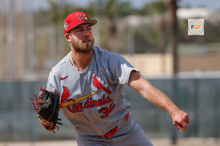 Feb 16, 2026; Jupiter, FL, USA;  St. Louis Cardinals pitcher Matthew Liberatore (32) throws a pitch during spring training workouts at Roger Dean Stadium. Credit: Reinhold Matay-Imagn Images