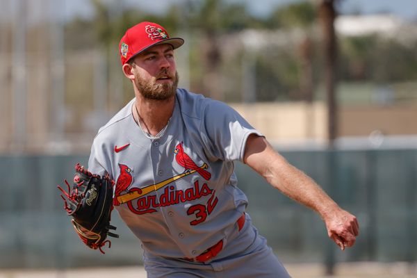 Feb 16, 2026; Jupiter, FL, USA;  St. Louis Cardinals pitcher Matthew Liberatore (32) throws a pitch during spring training workouts at Roger Dean Stadium. Mandatory Credit: Reinhold Matay-Imagn Images