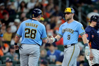 May 31, 2026; Houston, Texas, USA; Milwaukee Brewers left fielder Jake Bauers (9) is congratulated by first baseman Andrew Vaughn (28) after hitting a two-run home run to left field against the Houston Astros during the fourth inning at Daikin Park. Mandatory Credit: Erik Williams-Imagn Images