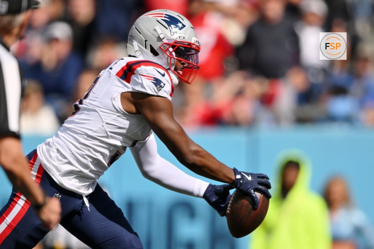Oct 19, 2025; Nashville, Tennessee, USA; New England Patriots wide receiver Kayshon Boutte (9) makes a catch against the Tennessee Titans during the first half at Nissan Stadium. Credit: Steve Roberts-Imagn Images