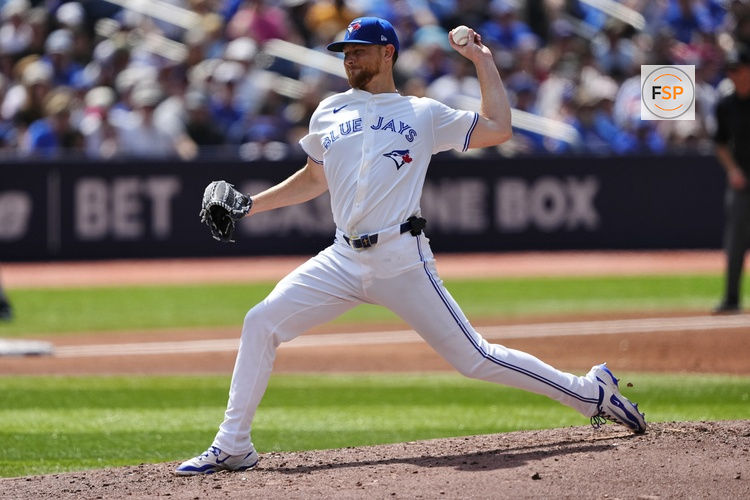 Jul 19, 2025; Toronto, Ontario, CAN; Toronto Blue Jays starting pitcher Eric Lauer (56) pitches to the San Francisco Giants during the third inning at Rogers Centre. Credit: John E. Sokolowski-Imagn Images