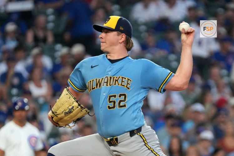 Aug 31, 2026; Chicago, Illinois, USA;  Milwaukee Brewers pitcher Kyle Harrison (52) throws a pitch against the Chicago Cubs during the first inning at Wrigley Field.  Credit: David Banks-Imagn Images