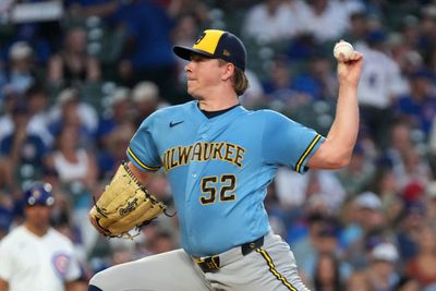 Aug 31, 2026; Chicago, Illinois, USA;  Milwaukee Brewers pitcher Kyle Harrison (52) throws a pitch against the Chicago Cubs during the first inning at Wrigley Field.  Mandatory Credit: David Banks-Imagn Images