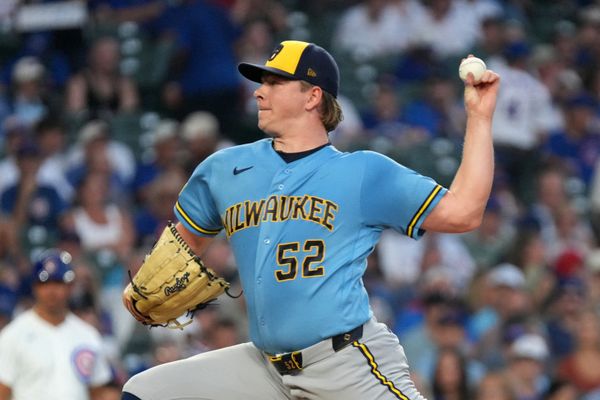 Aug 31, 2026; Chicago, Illinois, USA;  Milwaukee Brewers pitcher Kyle Harrison (52) throws a pitch against the Chicago Cubs during the first inning at Wrigley Field.  Mandatory Credit: David Banks-Imagn Images