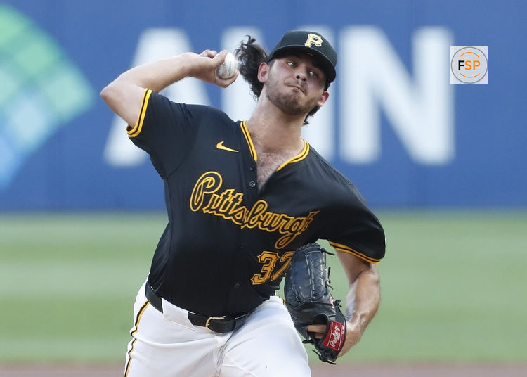 Aug 27, 2024; Pittsburgh, Pennsylvania, USA;  Pittsburgh Pirates starting pitcher Jared Jones (37) delivers a pitch against the Chicago Cubs during the first inning at PNC Park. Credit: Charles LeClaire-USA TODAY Sports