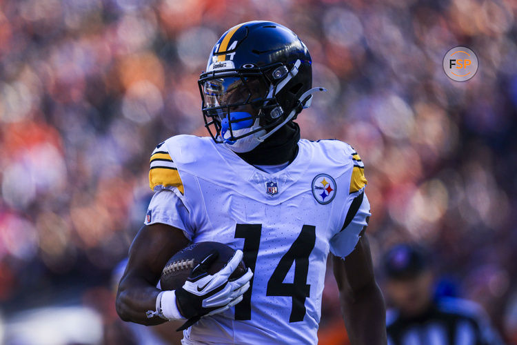 Dec 1, 2024; Cincinnati, Ohio, USA; Pittsburgh Steelers wide receiver George Pickens (14) runs the ball in for a touchdown against the Cincinnati Bengals in the first half at Paycor Stadium. Credit: Katie Stratman-Imagn Images