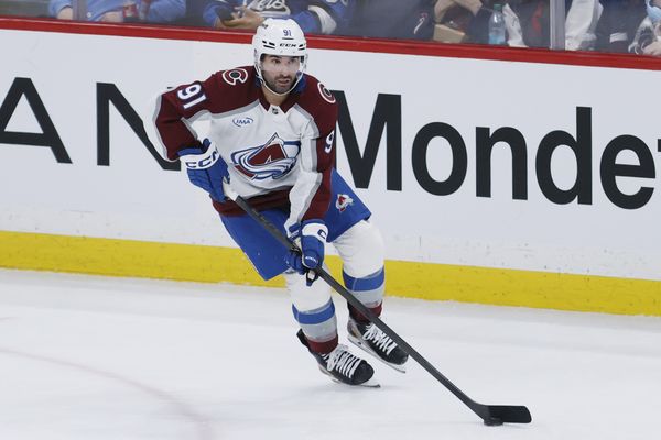 Mar 14, 2026; Winnipeg, Manitoba, CAN; Colorado Avalanche center Nazem Kadri (91) carries the puck up the ice against the Winnipeg Jets in the third period at Canada Life Centre. Mandatory Credit: James Carey Lauder-Imagn Images