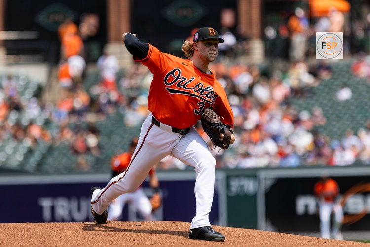 Jul 26, 2026; Baltimore, Maryland, USA; Baltimore Orioles pitcher Shane Baz (34) pitching in the first inning against the Atlanta Braves at Oriole Park at Camden Yards. Credit: Lexi Thompson-Imagn Images
