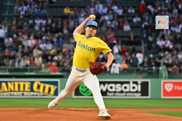 Apr 18, 2025; Boston, Massachusetts, USA; Boston Red Sox starting pitcher Hunter Dobbins (73) pitches against the Chicago White Sox during the first inning at Fenway Park. Credit: Eric Canha-Imagn Images