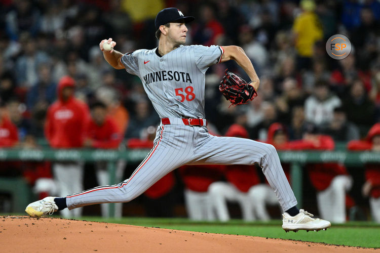 Sep 20, 2024; Boston, Massachusetts, USA; Minnesota Twins starting pitcher David Festa (58) pitches against the Boston Red Sox during the first inning at Fenway Park. Credit: Brian Fluharty-Imagn Images