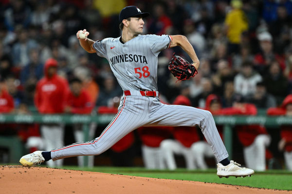 Sep 20, 2024; Boston, Massachusetts, USA; Minnesota Twins starting pitcher David Festa (58) pitches against the Boston Red Sox during the first inning at Fenway Park. Mandatory Credit: Brian Fluharty-Imagn Images