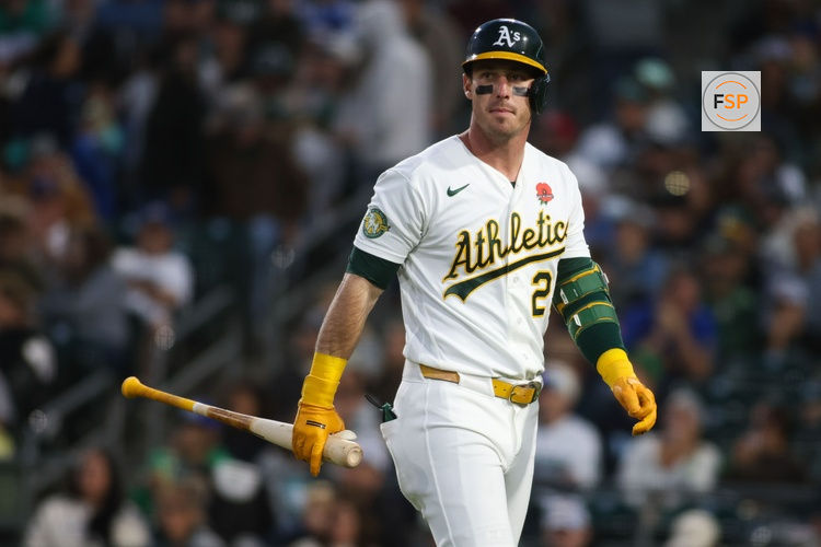 May 25, 2026; West Sacramento, California, USA; Athletics designated hitter Brent Rooker (25) walks to the dugout after striking out during the sixth inning against the Seattle Mariners at Sutter Health Park. Credit: Scott Marshall-Imagn Images