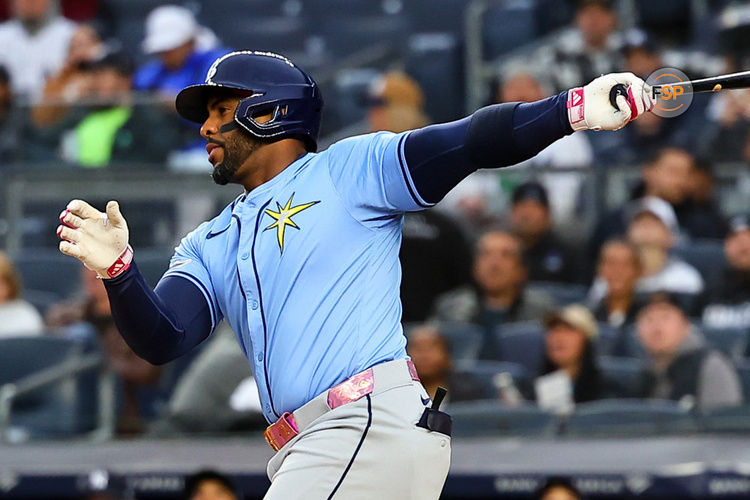 BRONX, NY - APRIL 19:  Yandy Díaz #2 of the Tampa Bay Rays at bat during the first inning of  the Major League Baseball game against the New York Yankees on April 19, 2024 at Yankee Stadium in the Bronx, New York.  (Photo by Rich Graessle/Icon Sportswire)