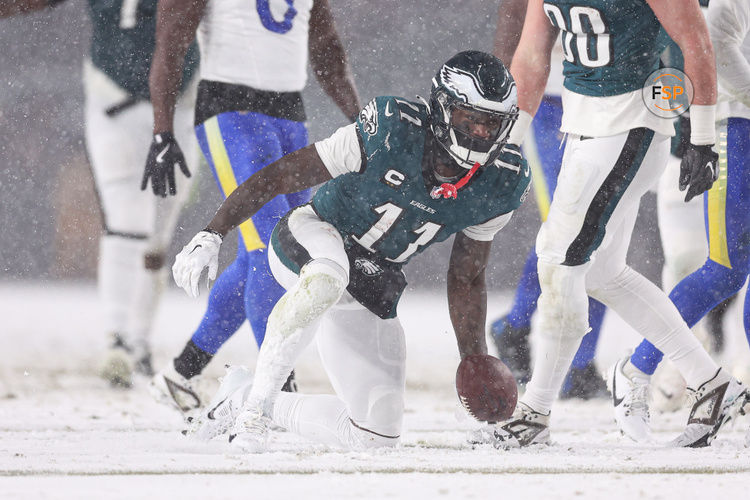 Jan 19, 2025; Philadelphia, Pennsylvania, USA; Philadelphia Eagles wide receiver A.J. Brown (11) reacts after a first down catch against the Los Angeles Rams in a 2025 NFC divisional round game at Lincoln Financial Field. Credit: Bill Streicher-Imagn Images